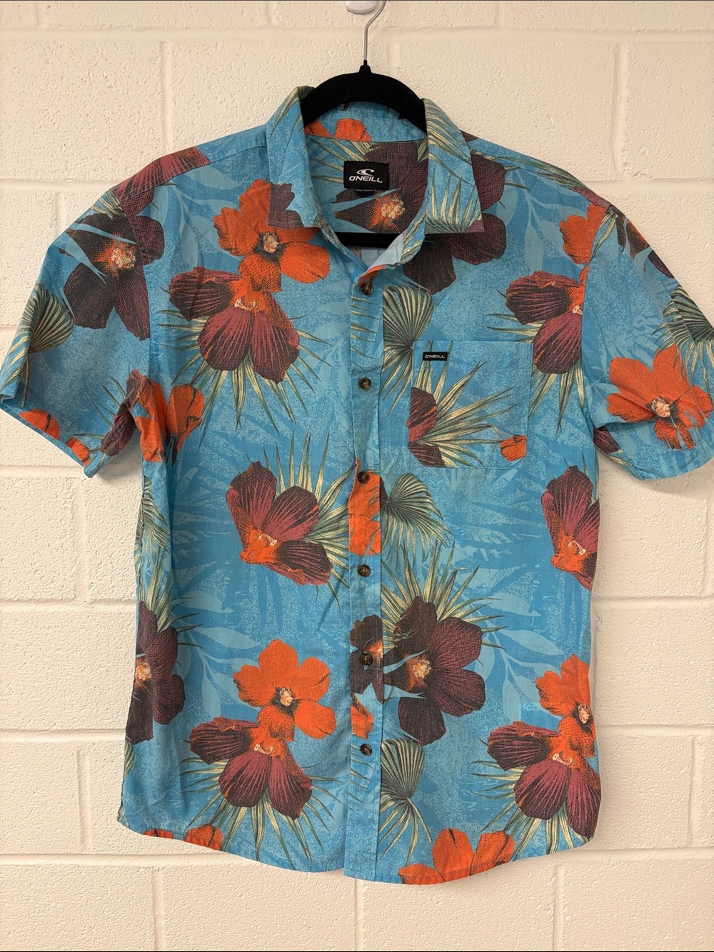 O'Neill Blue Short-Sleeve Button-Down with Orange and Maroon Floral
